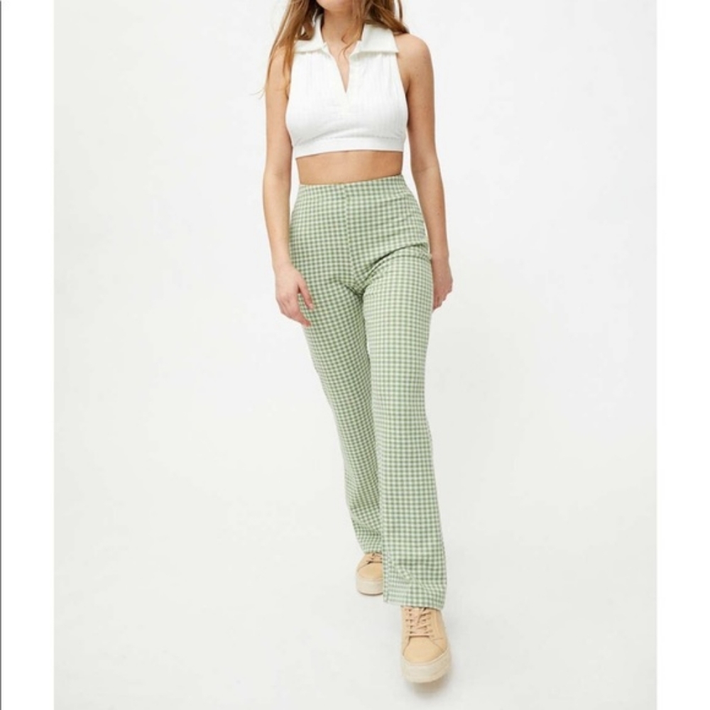 Urban Outfitters Naomi Flare Pants Green and White Checkered Size Small - Picture 1 of 6
